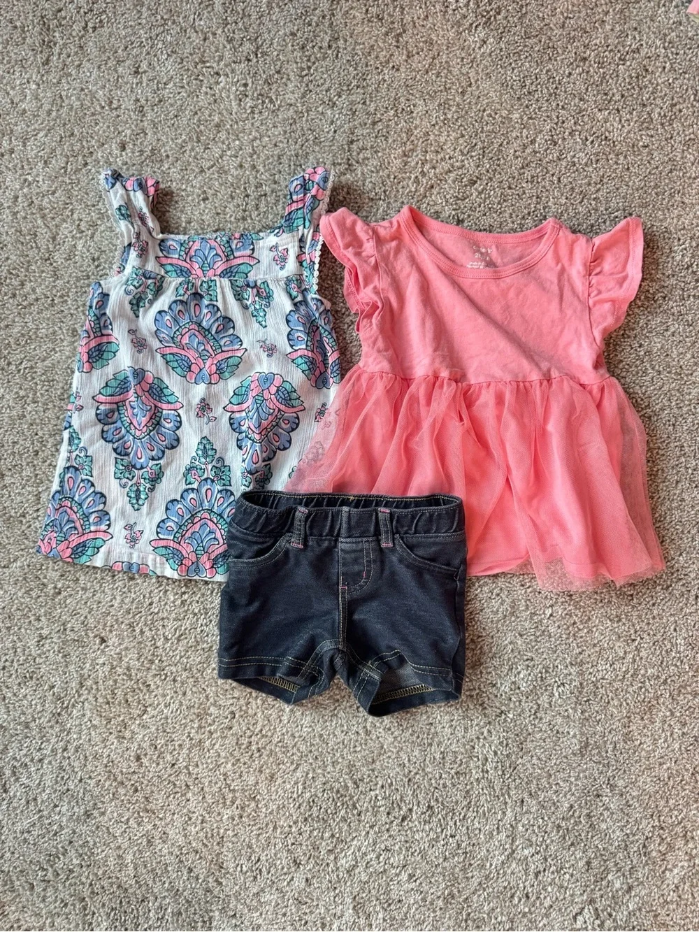 Carter’s Toddler Girl Outfit Bundle Size 2T Pink Tulle Top Tuttu Denim Shorts
